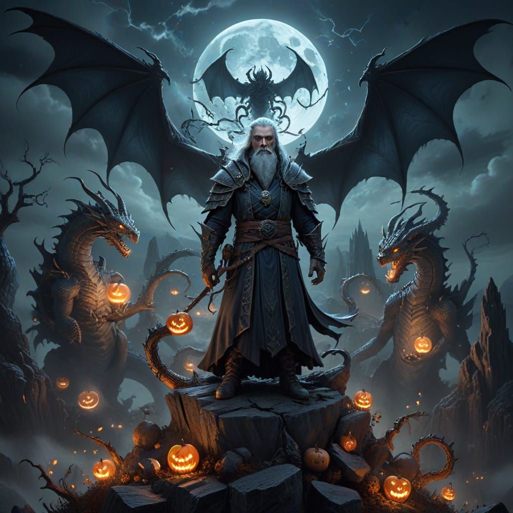 Wise Wizard on Moonlit Peak with Dragons and Glowing Webs