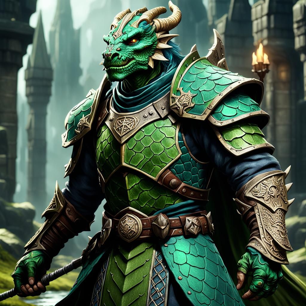 Green Dragonborn Cleric in Detailed Matte Painting