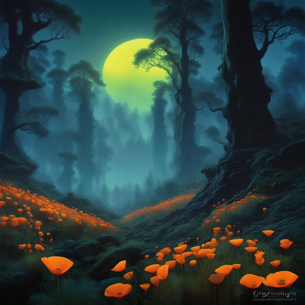 Moonlit Forest with Poppies in Fantasy Style
