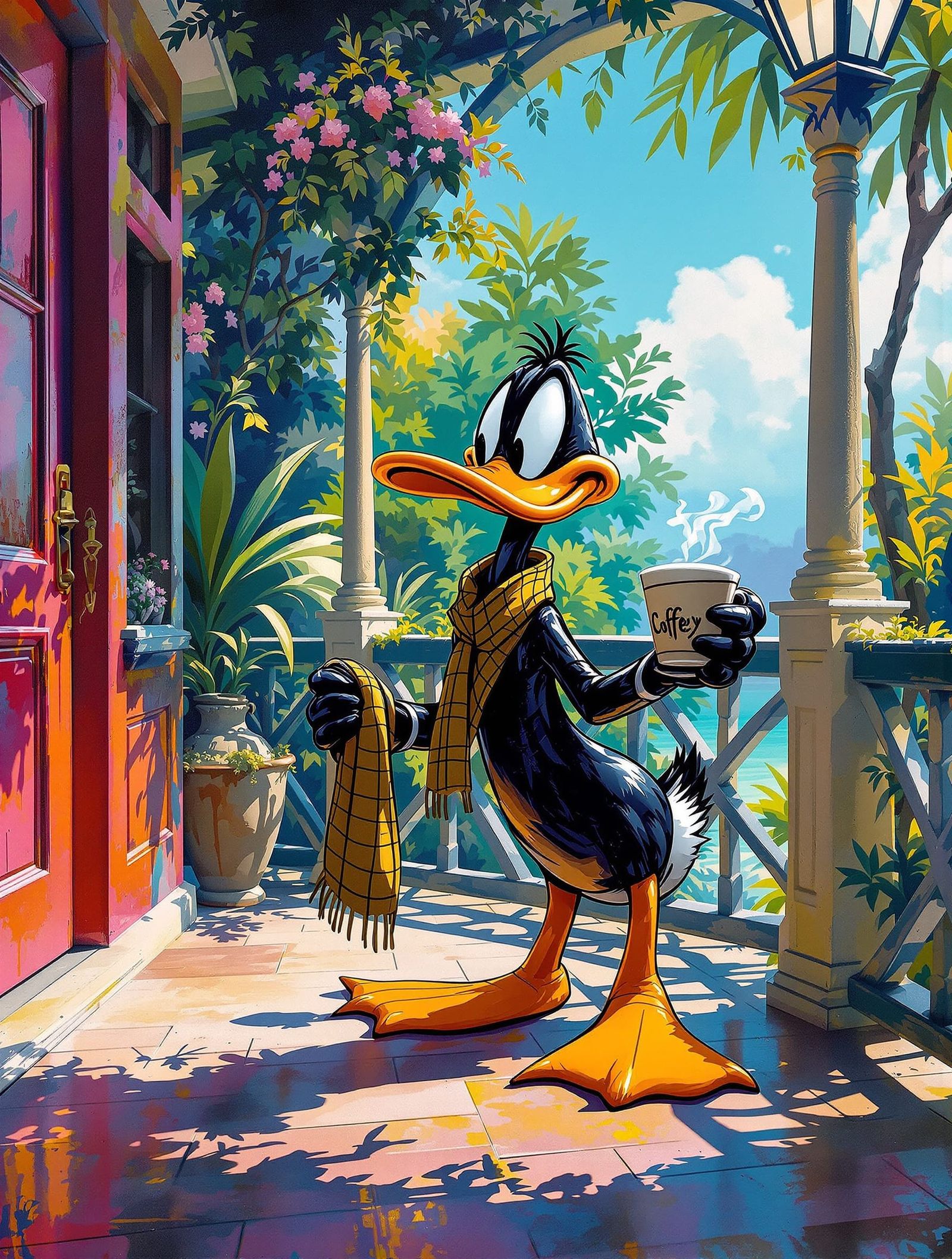 Daffy Duck Enjoys Coffee on Snowy Porch in Disney Style