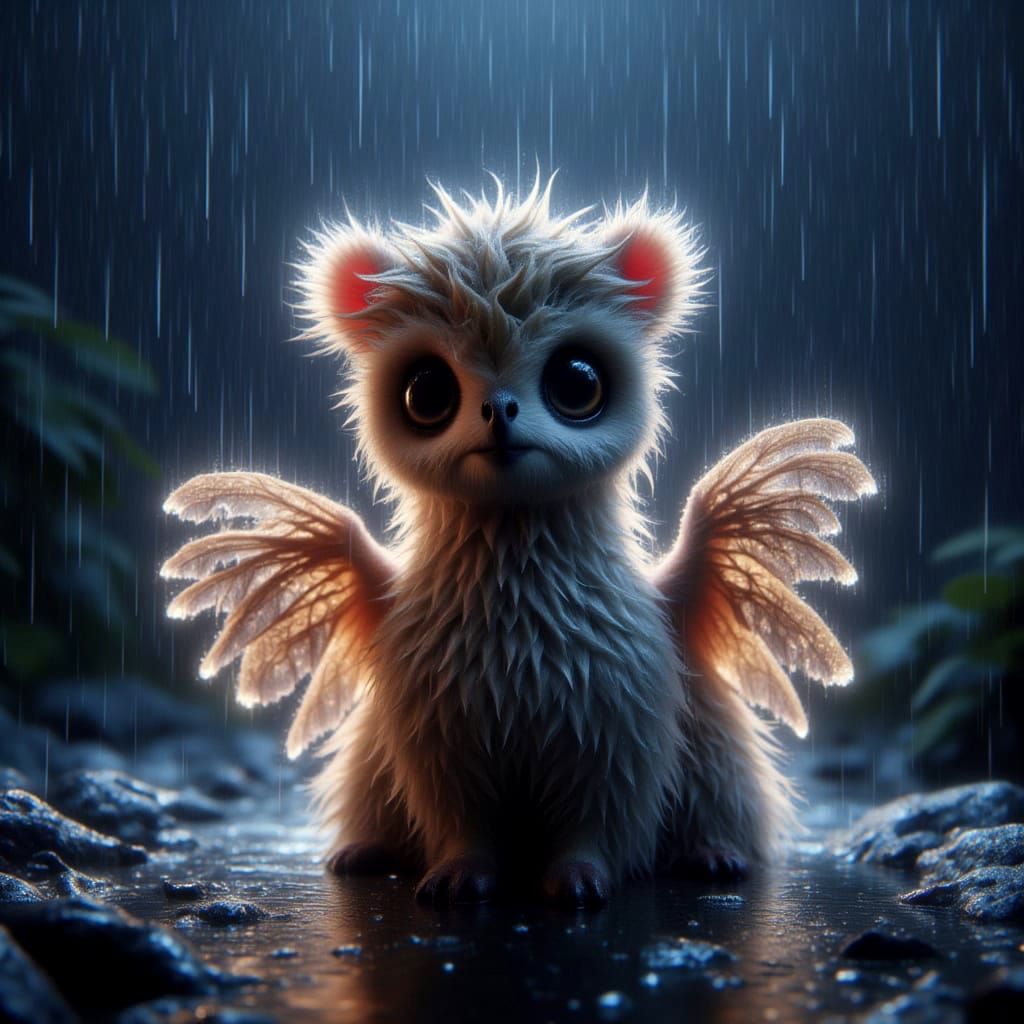 Surreal Llama-Owl Hybrid Creature in Rain
