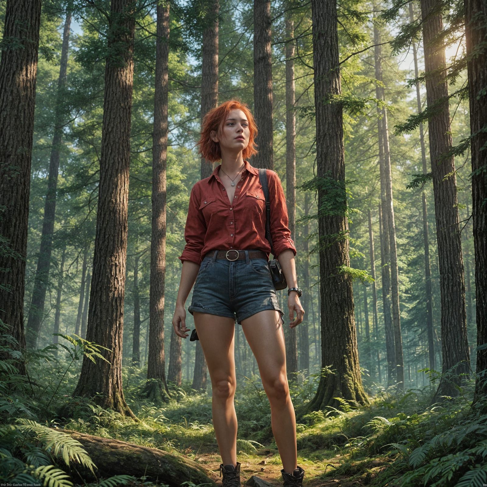 Red-Haired Girl in Forest, Detailed Matte Painting