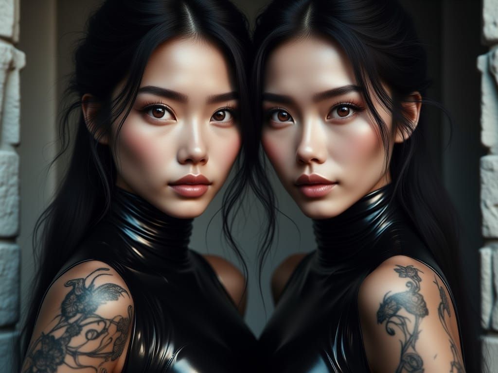 Hyperrealistic Duo Portrait of Two Asian Women