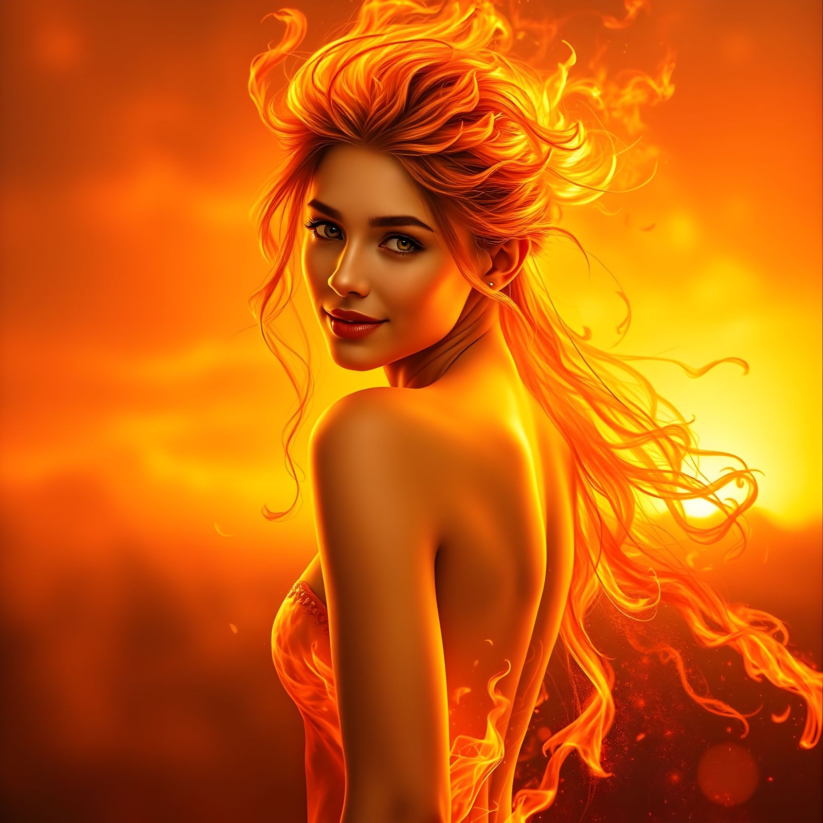 Surreal Orange Fire Sprite Portrait in Oil Painting Style