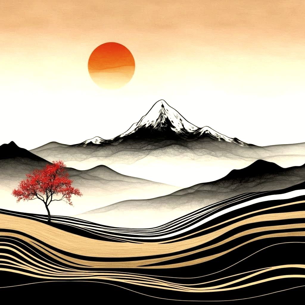 Minimalist Landscape with Abstract Sun in Muted Colors