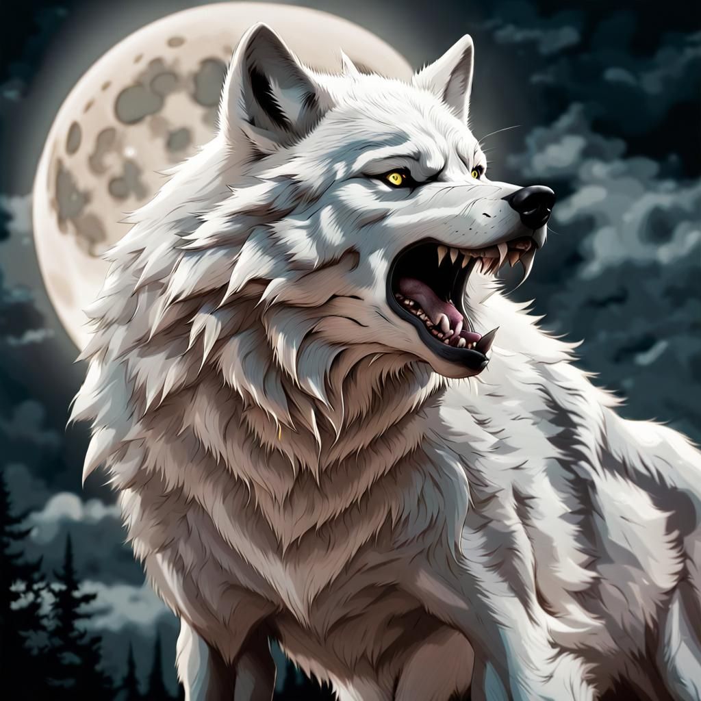 cinematic horror manga style, a wolf with a full moon in the background, great wolf, white wolf, dire wolf, a white wolf...
