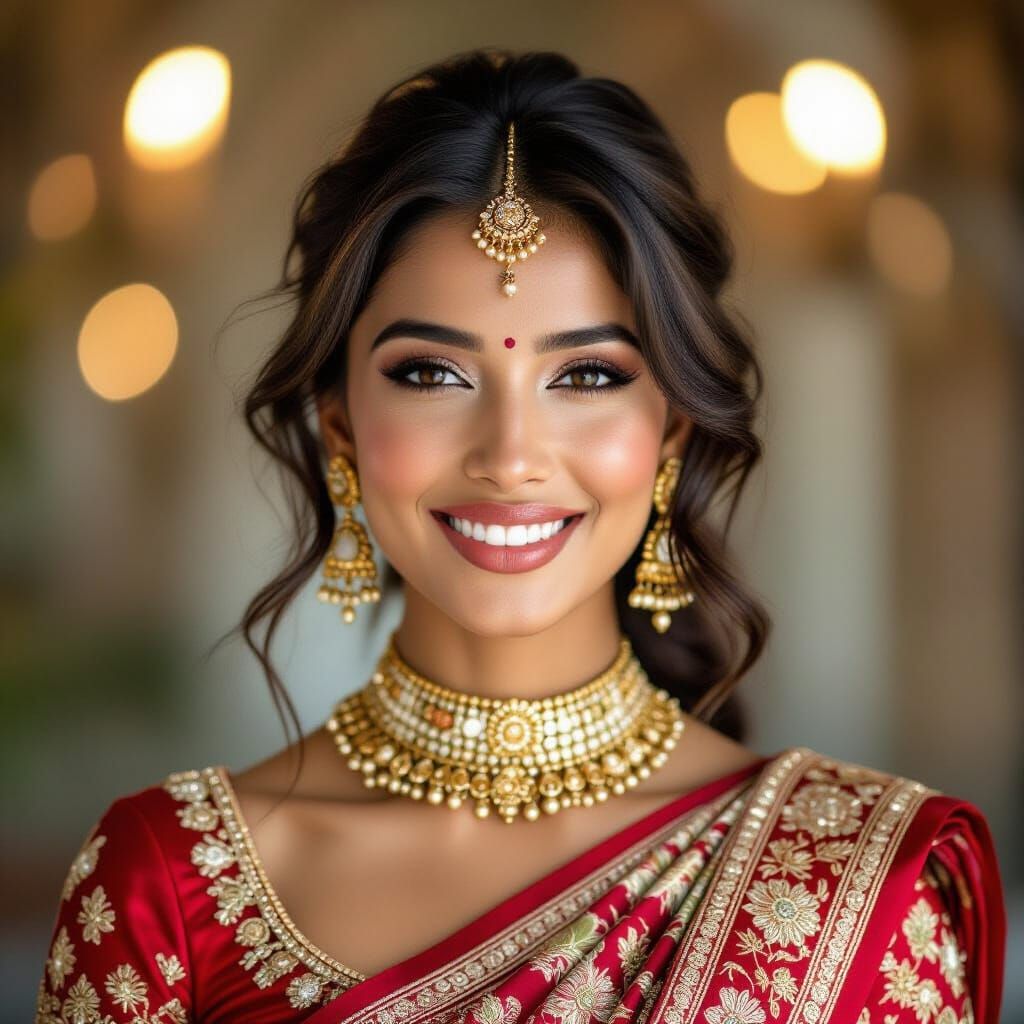 Indian Woman in Bollywood Saree, Hyperrealistic Portrait
