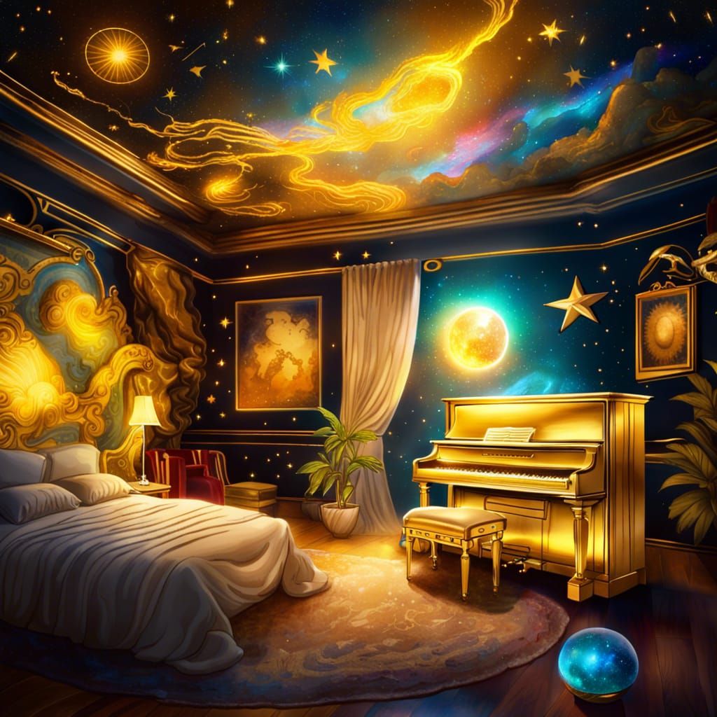Apollo's Luxurious Bedroom with Golden Nebulas