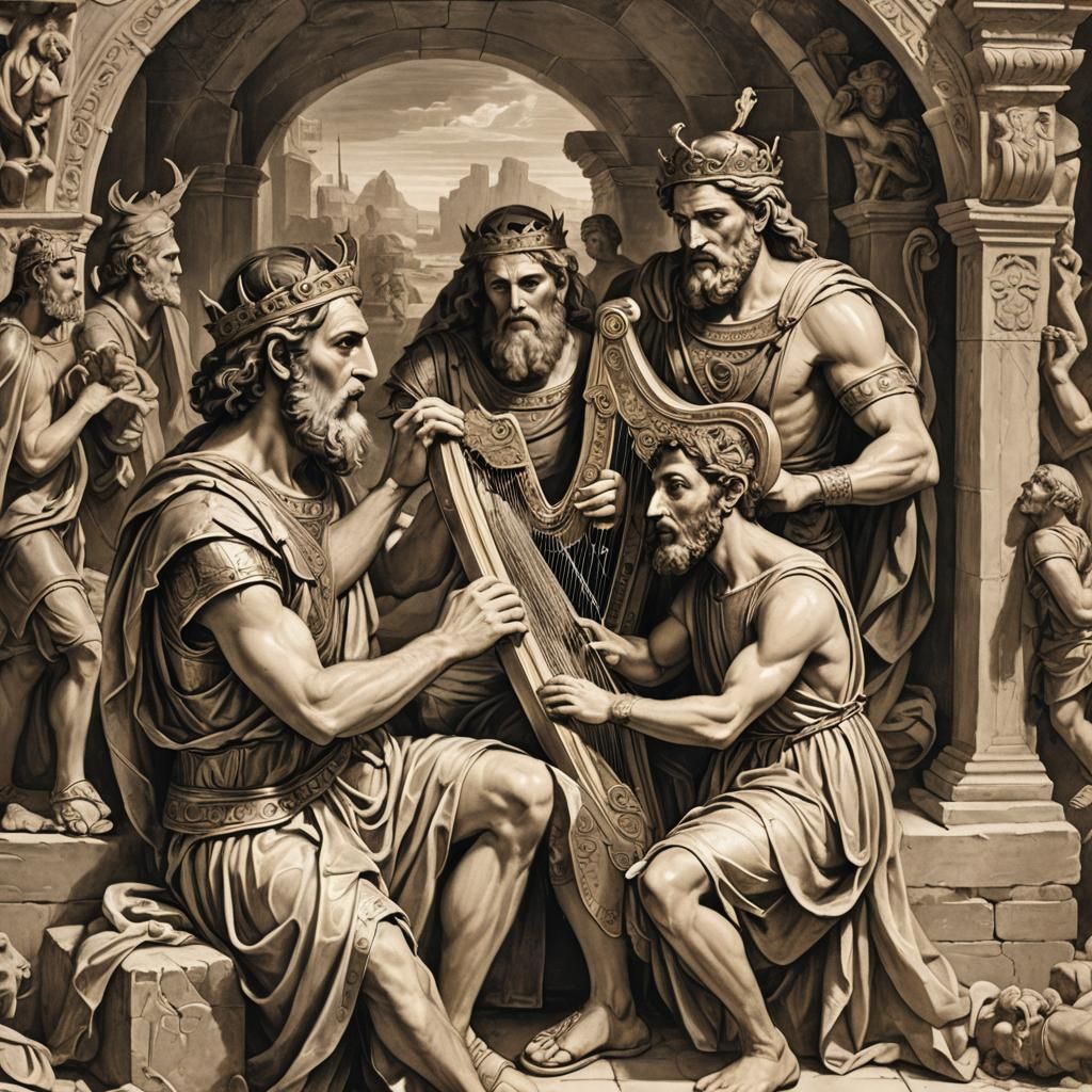 biblical david playing his soothing harp for tormented warrior king saul in ancient biblical old testament era