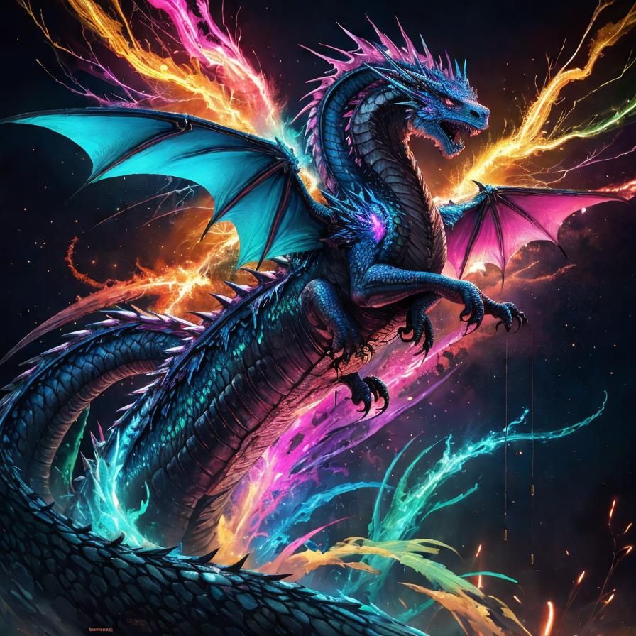 Neon Iridescent Dragon in Hyperdetailed Fantasy Art