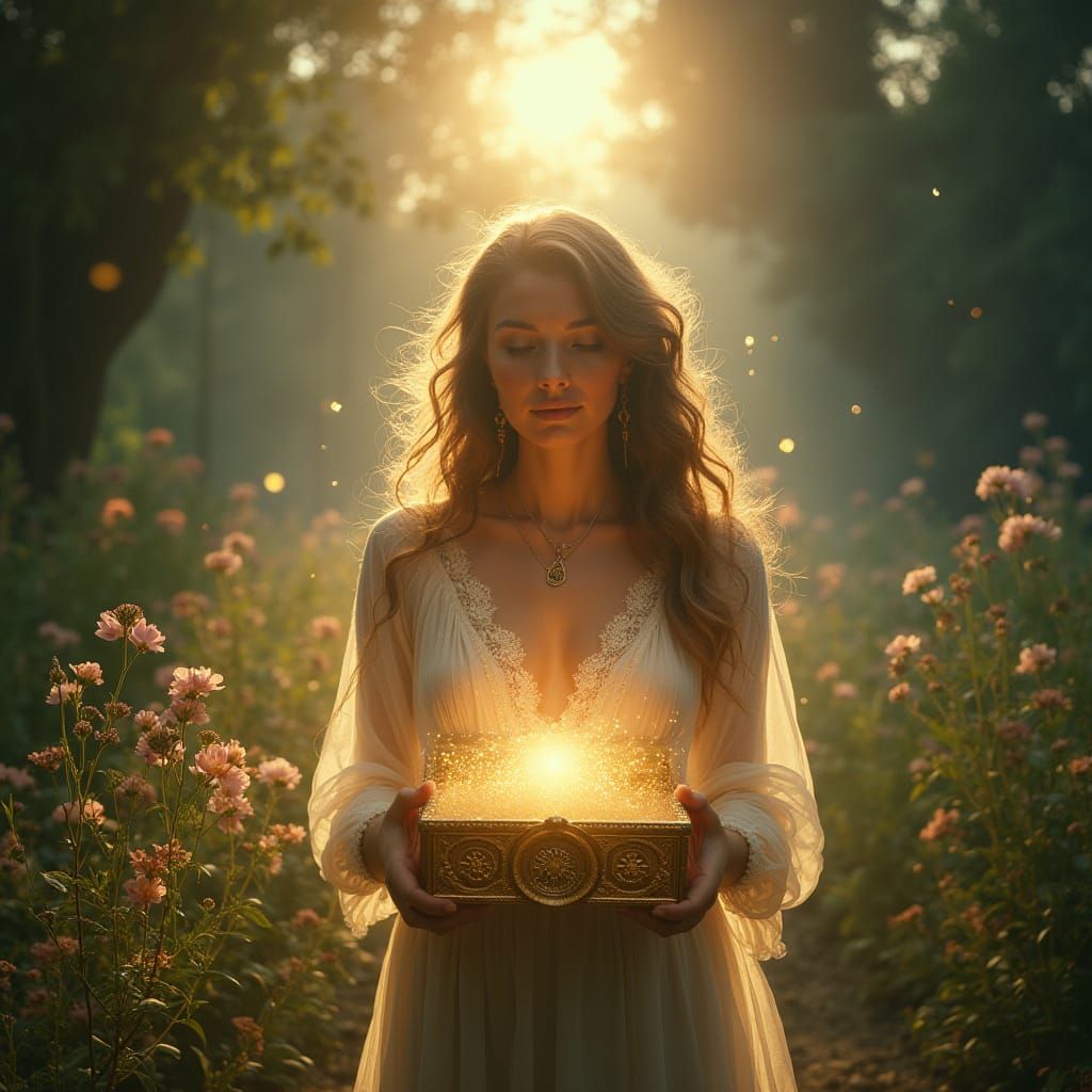 Woman in Luminous Garden with Pandora's Box