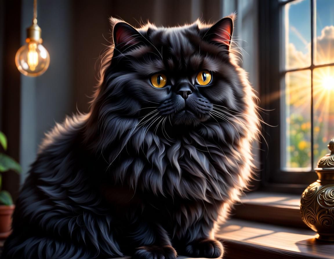 Black Persian Cat in Cozy Room: Hyperrealistic Nostalgic Sty...