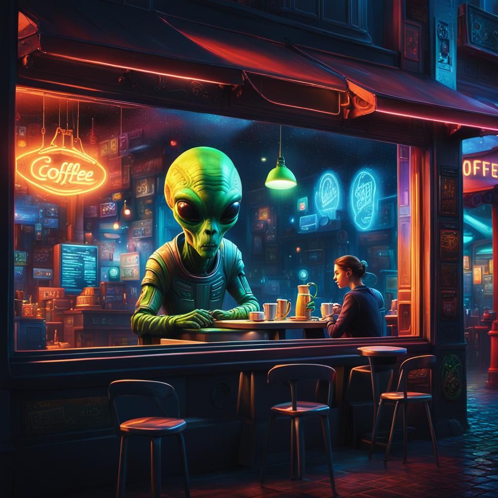 Alien Peeks Through Coffee Shop Window at Night