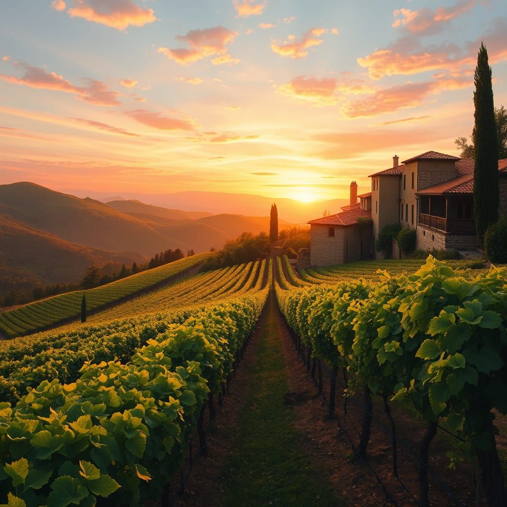 Lush Vineyard at Sunset, in Impressionist Style