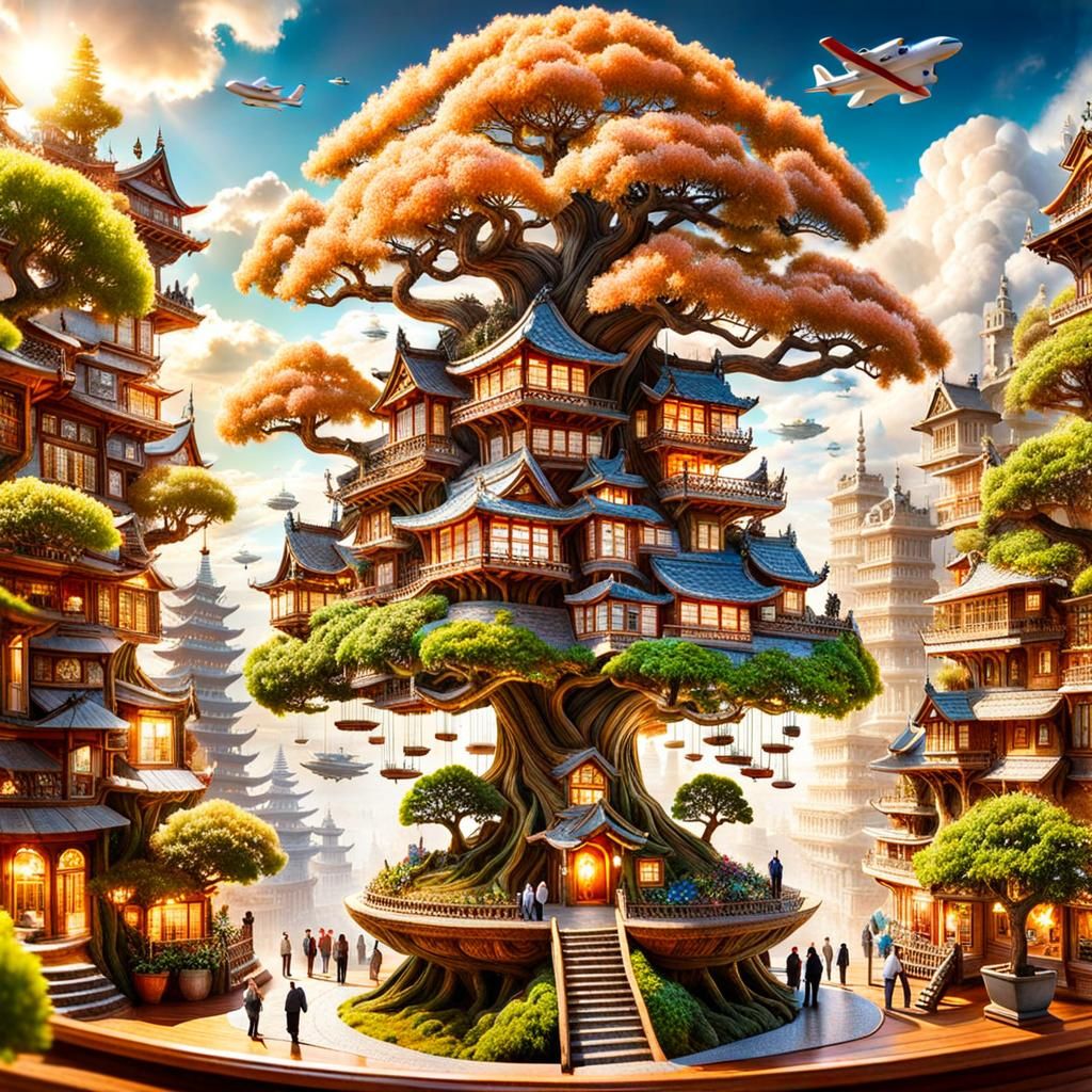 Miniature City Inside Giant Bonsai Tree