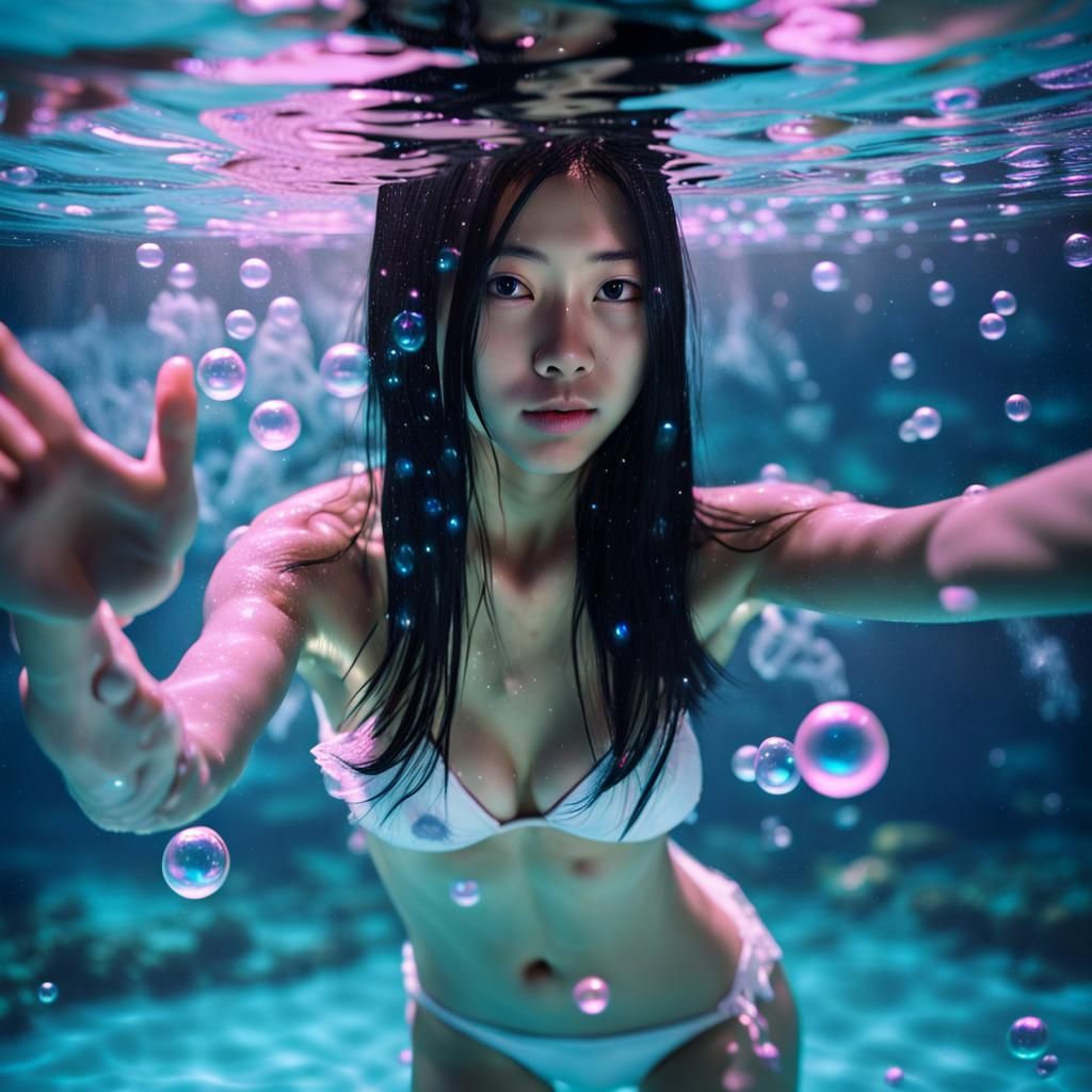 Underwater Asian Girl in White Bikini: Hyperrealistic