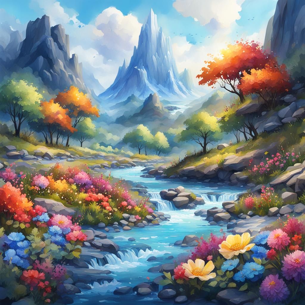 Vibrant Watercolor Mountain River Scene in Summer