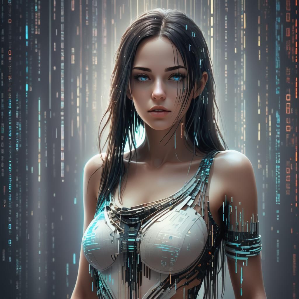 Fantasy Woman in Glitching Binary Code System