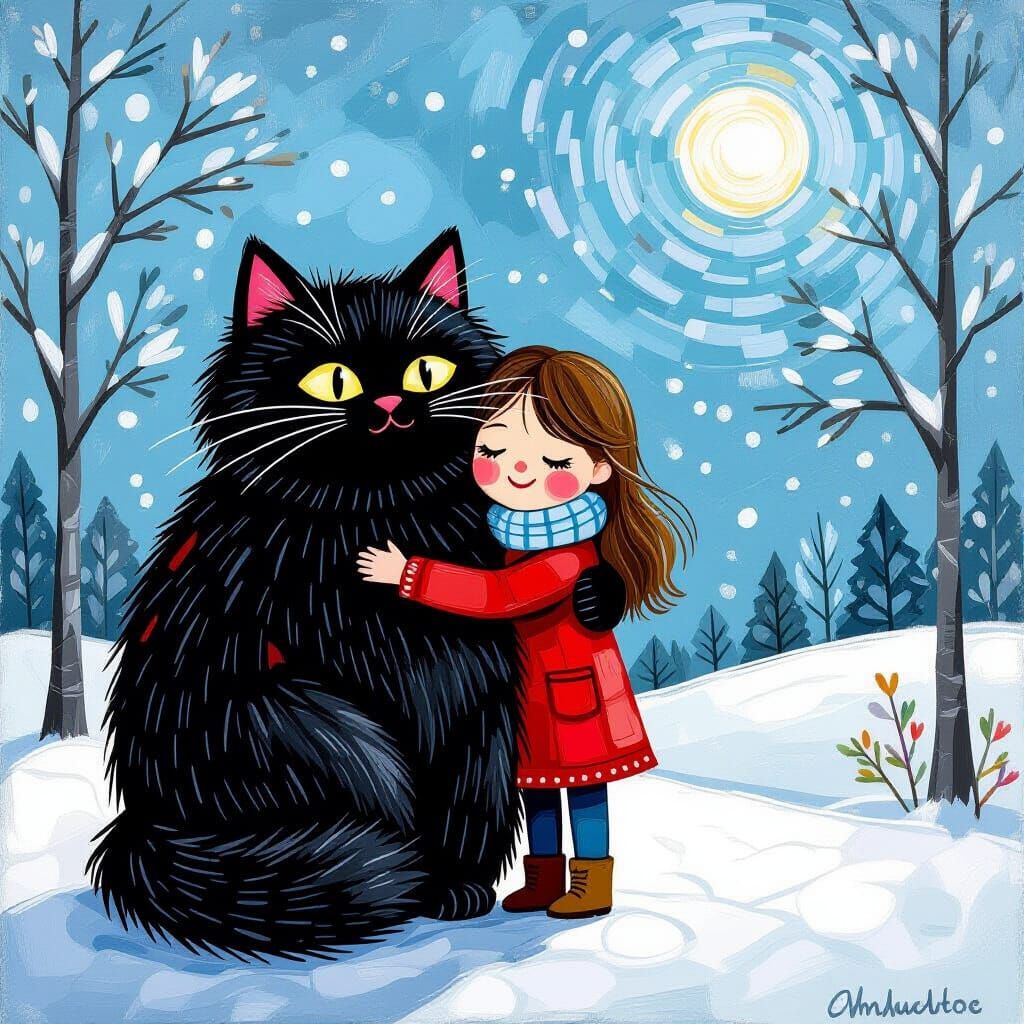 Girl Hugs Fluffy Cat in Minimalist Winter Landscape