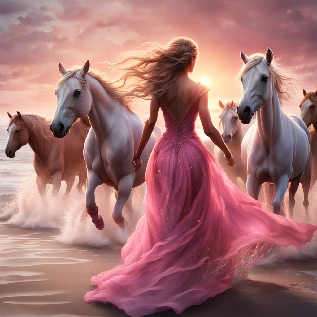 Woman in Pink Dress on Beach with Horses