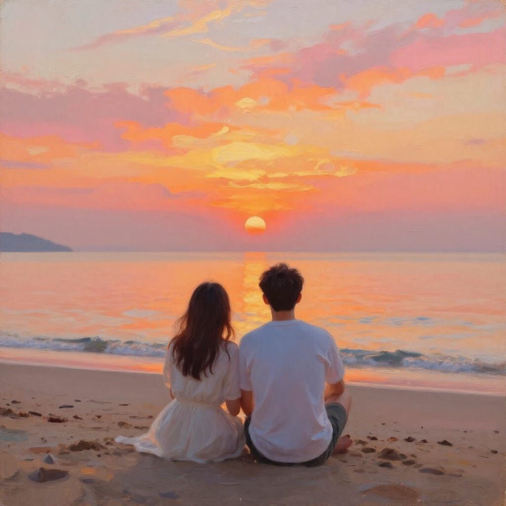 Couple Watches Vibrant Sunrise Over Calm Sea in Impressionis...