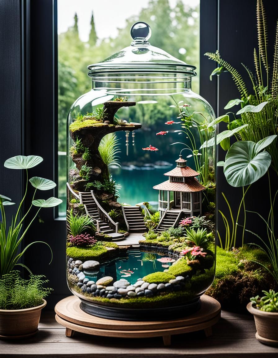 Terrarium with Miniature Lake and Garden