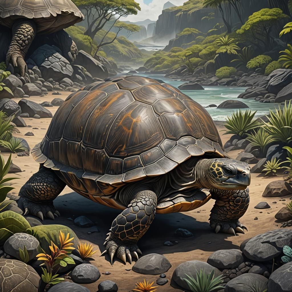 Detailed Pencil Drawing of a Galápagos Tortoise