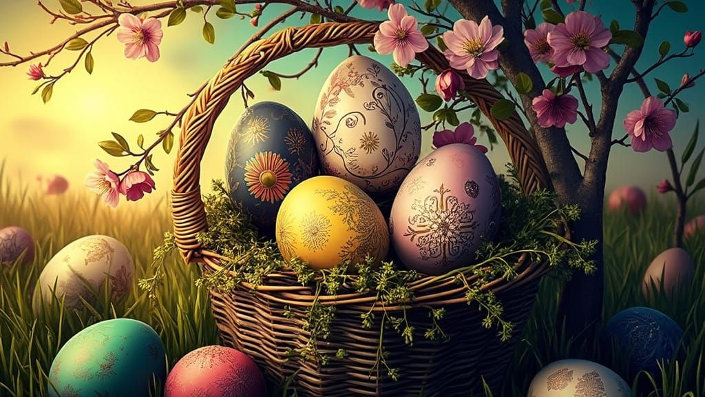 Idyllic Spring Landscape with Vibrant Easter Eggs and Floral...