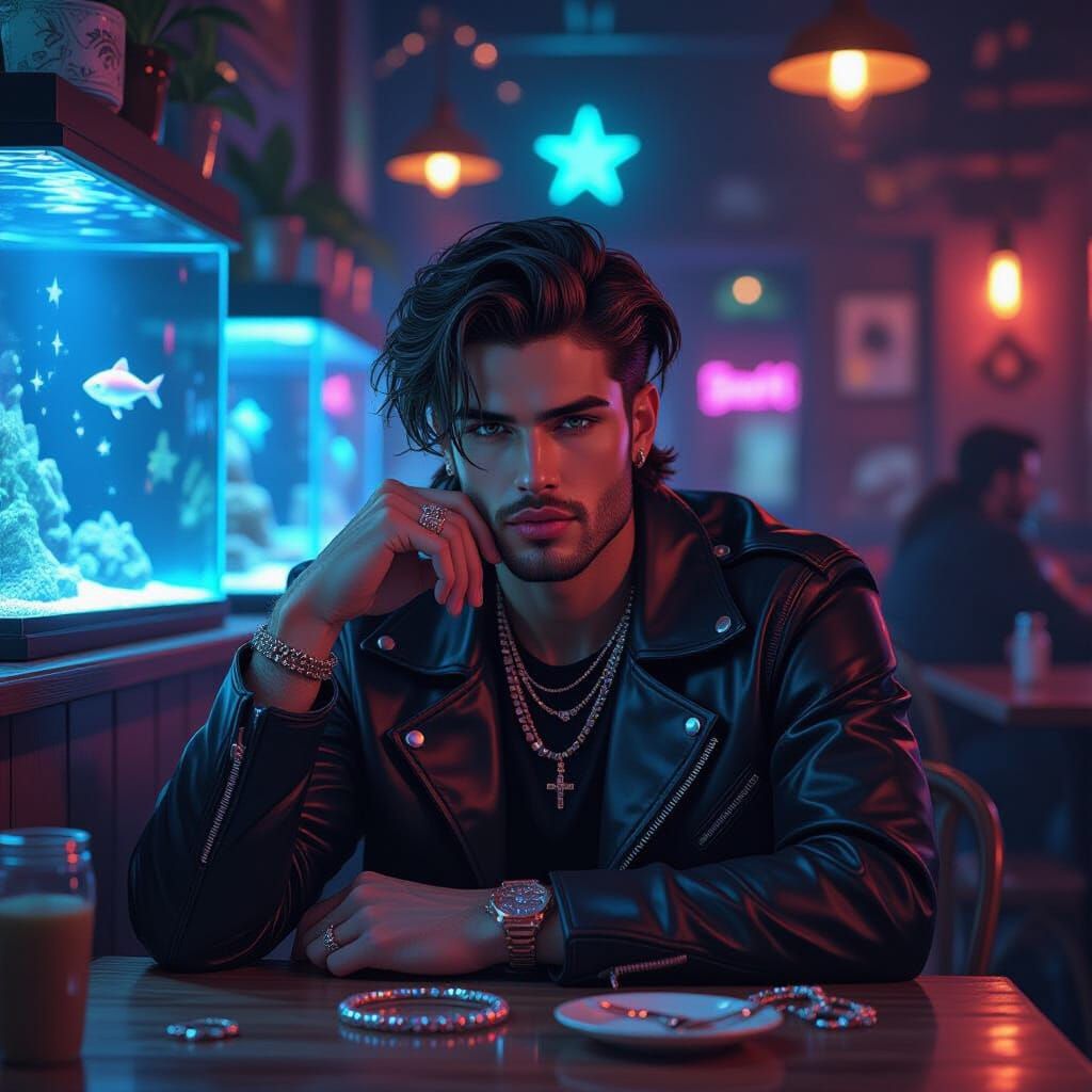 Grunge Guy at Cafe with Aquariums Digital Painting