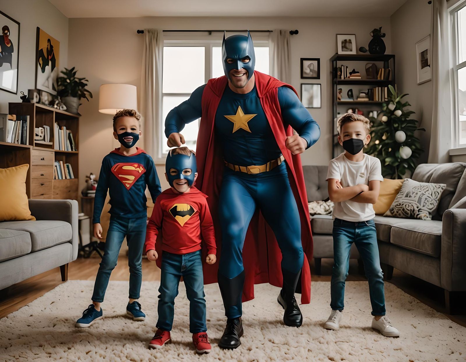 Joyful Superhero Dad with Kids in Living Room