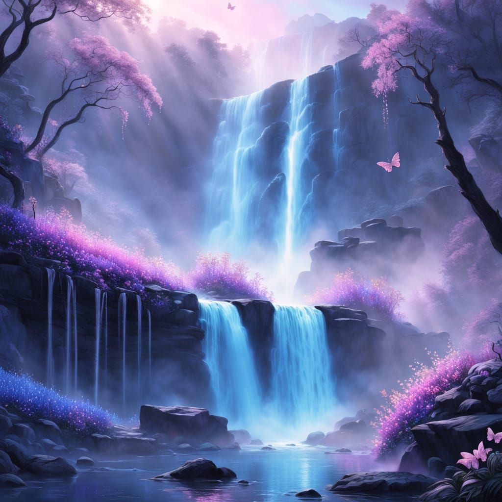 Fantasy Waterfall Cascades Down Glowing Cliffs