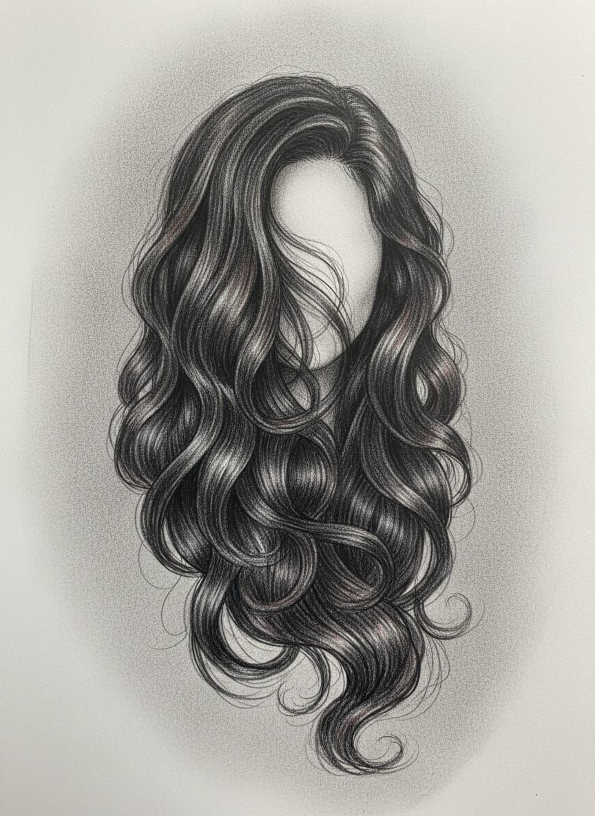 Graphite and Charcoal Drawing of Flowing Dark Hair