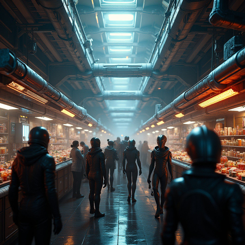 Bustling Space Station Trade Hub in Futuristic Style