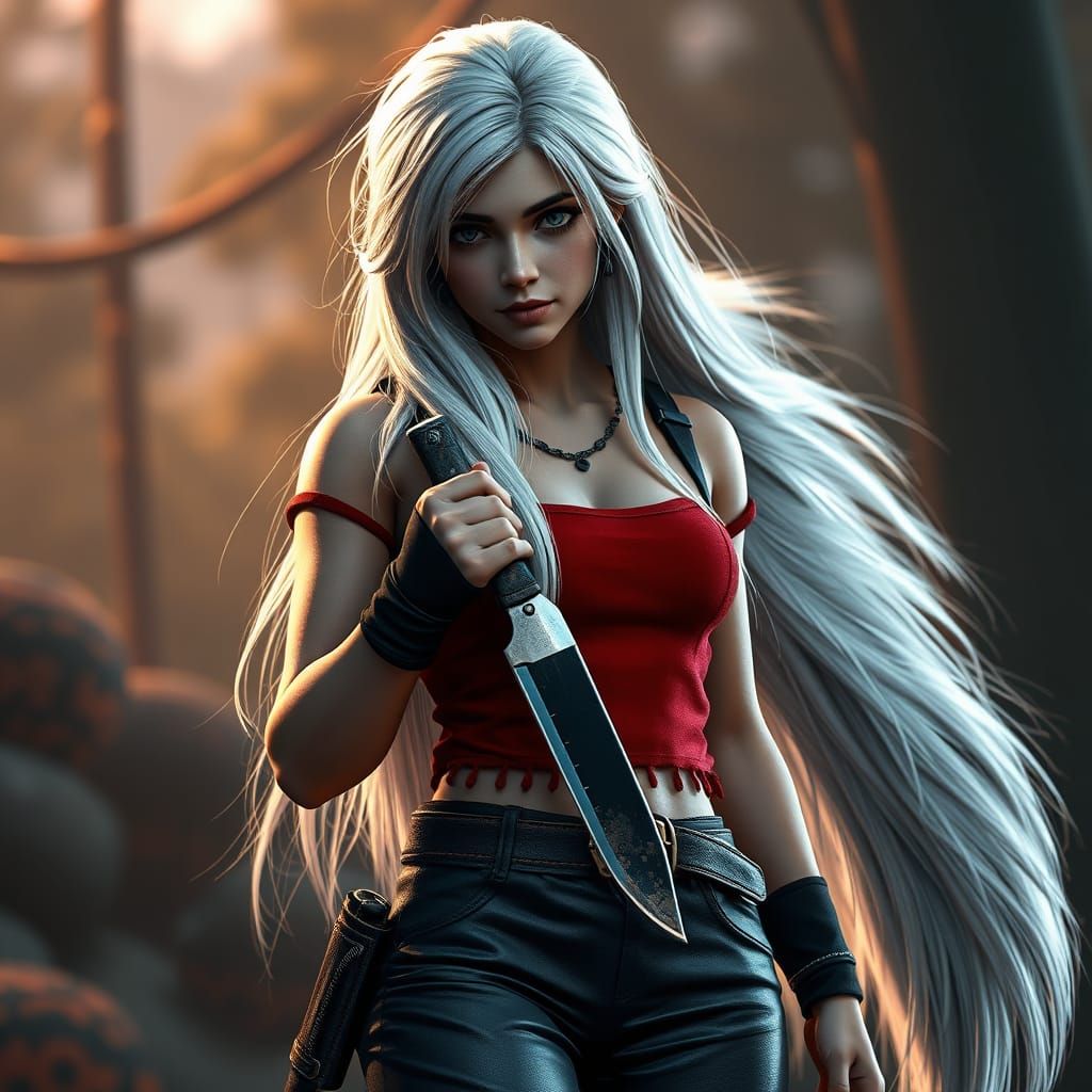 Epic 3D Woman with Skunk Tail in Red Top and Black Leather