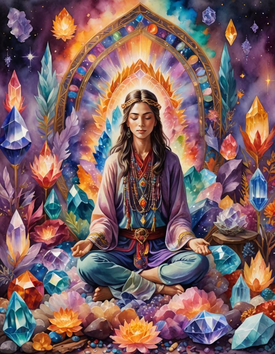 Reiki Healer with Crystals in Watercolour Style