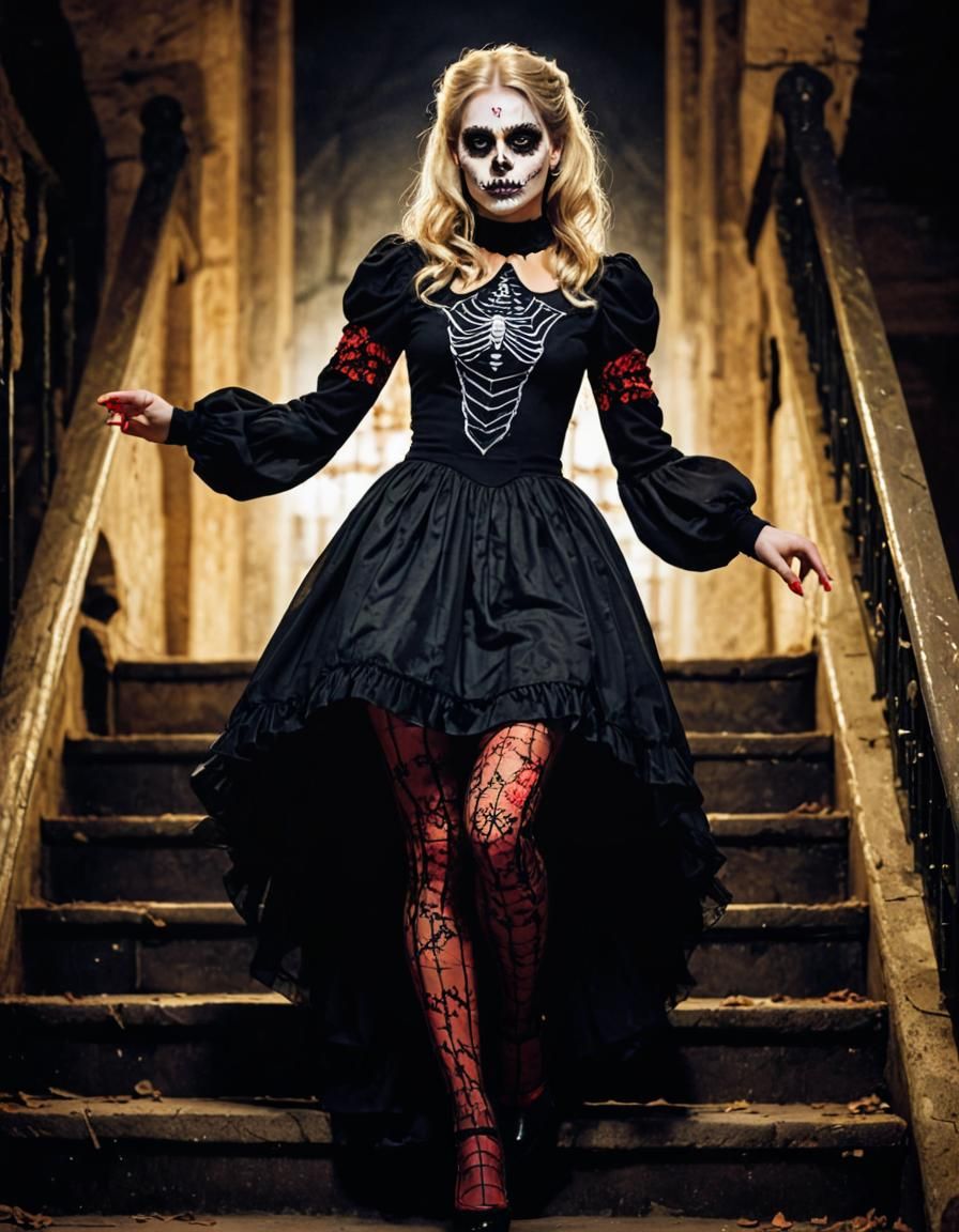 Woman in Halloween Costume in Haunted Castle