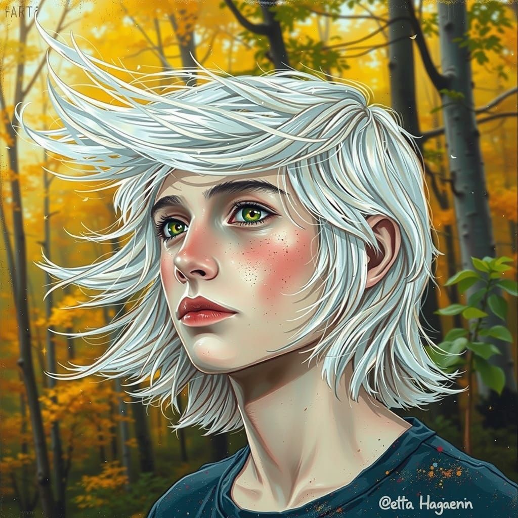 Young Man in Misty Forest, Magical Splash Art Style