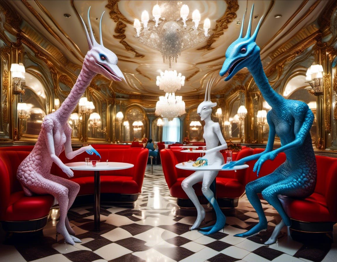 Surreal Restaurant Celebration with Beautiful Aliens