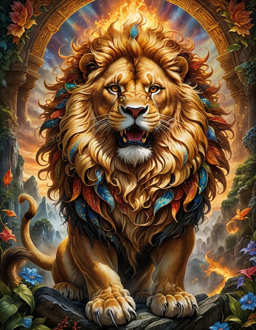 Roaring Lion with Golden Mane, Watercolor Art