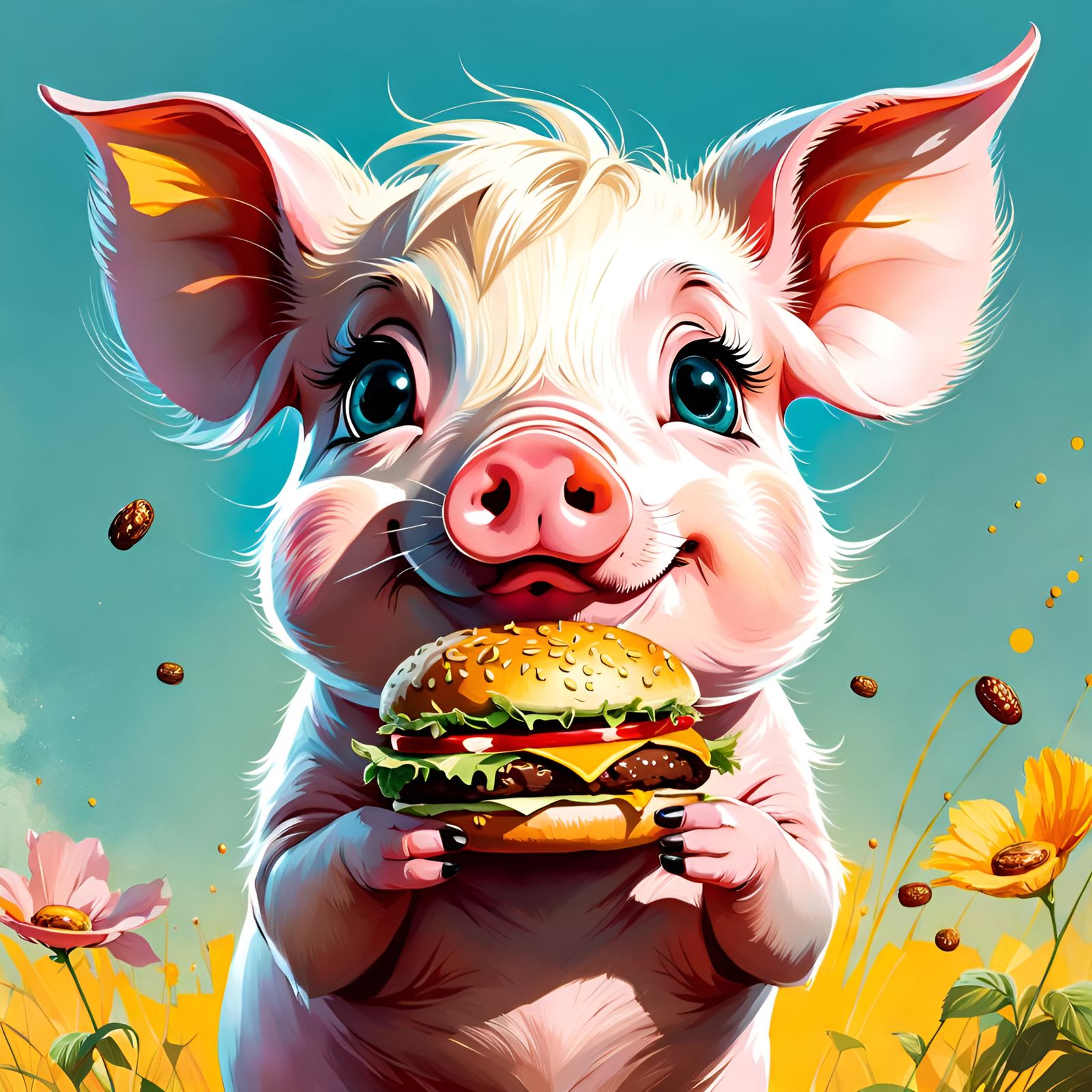 Adorable Pig with Hamburger, Digital Art Portrait