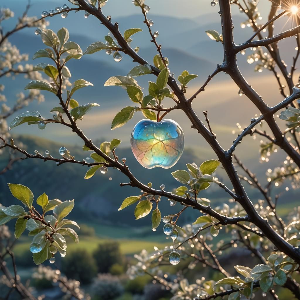 Opal Apple with Glistening Dewdrops in Morning Light