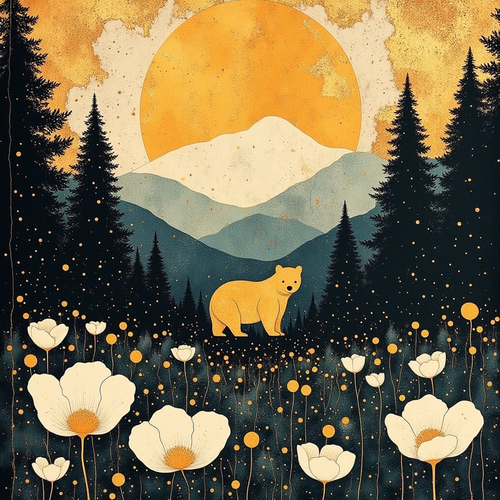 Golden Bear in Whimsical Forest Landscape