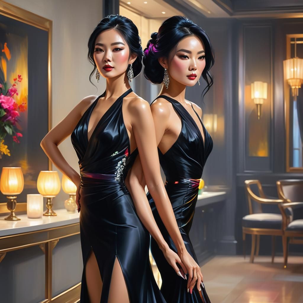 Asian Woman in Neon-Lit Interior, Vivid Digital Painting