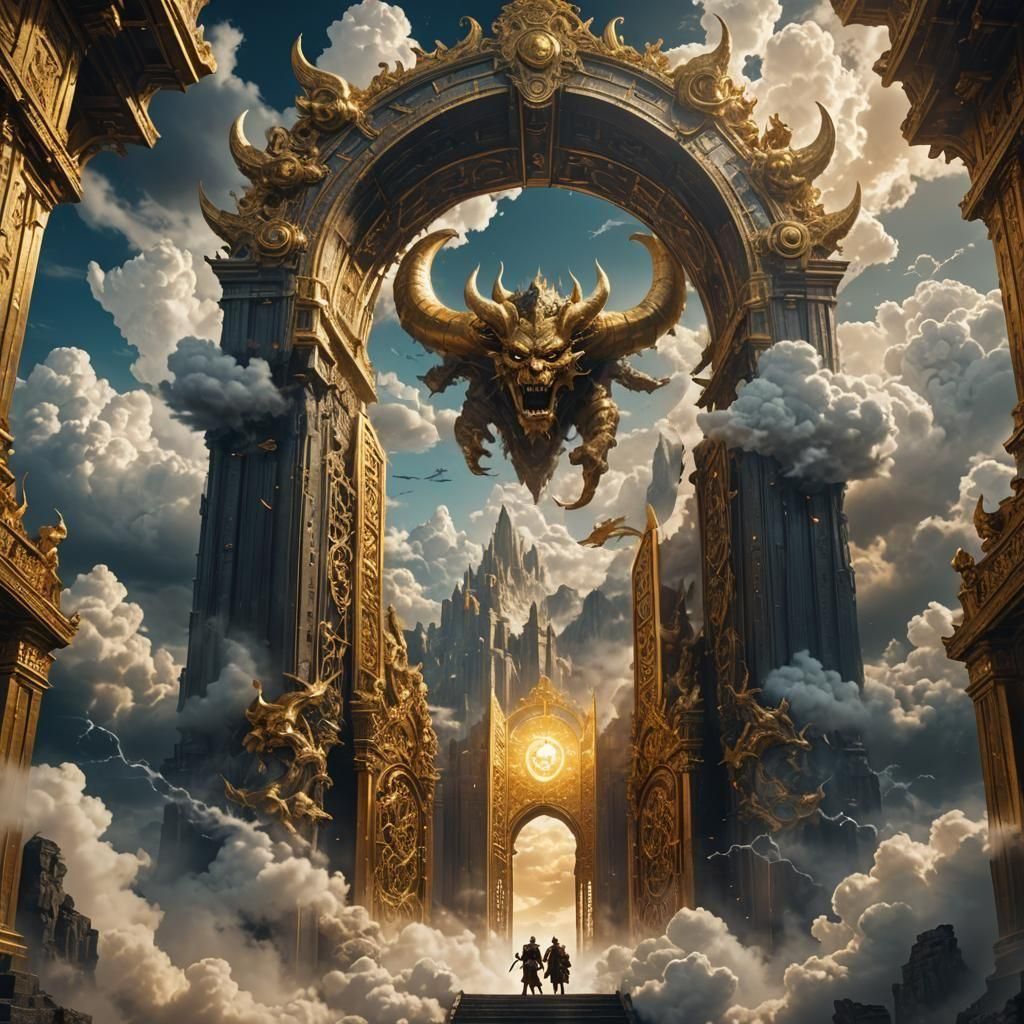 Demonic Figure Behind Golden Gates of Heaven