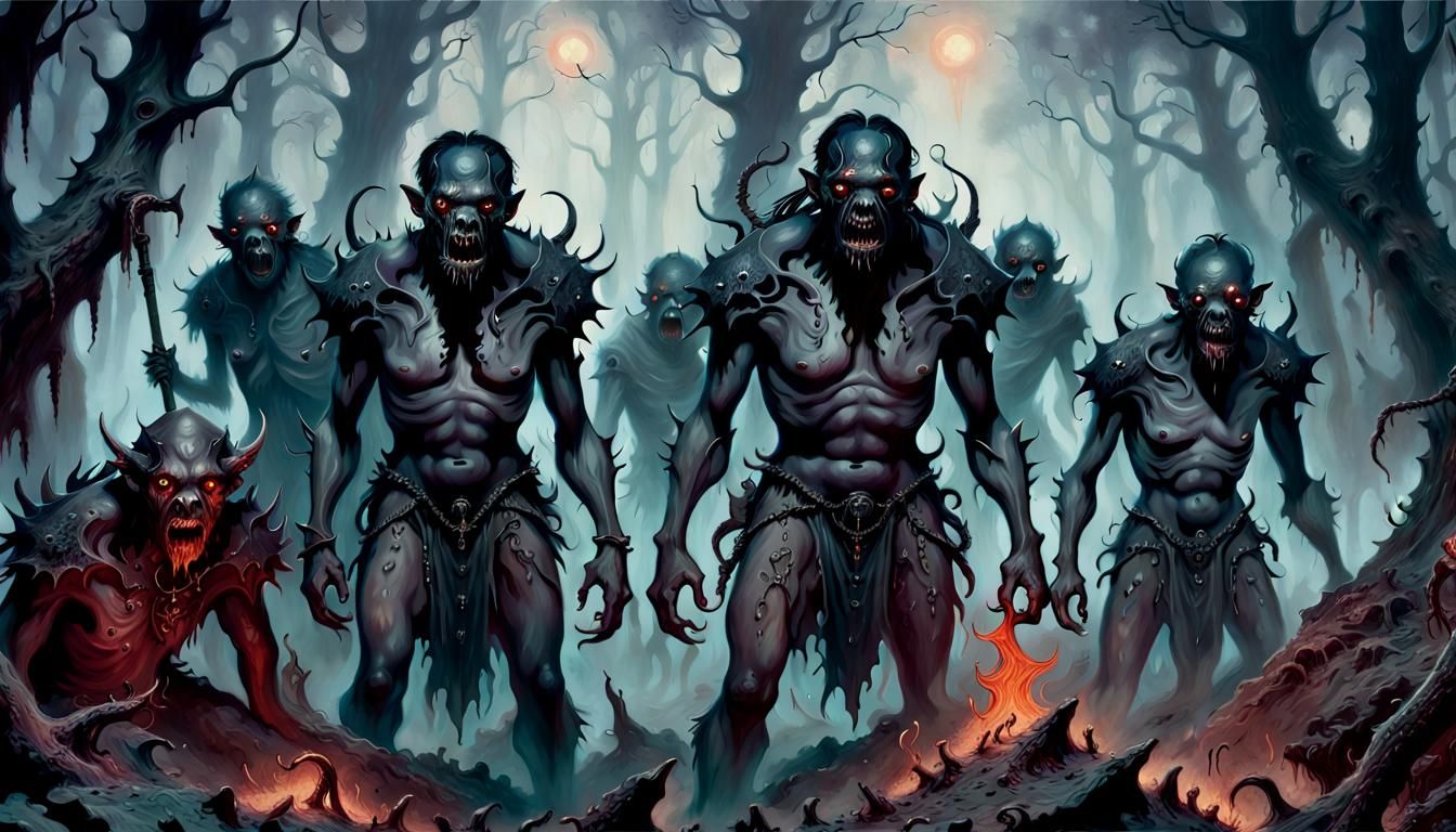 Ethereal Abyssal Scavengers in a Dark Forest Oil Painting