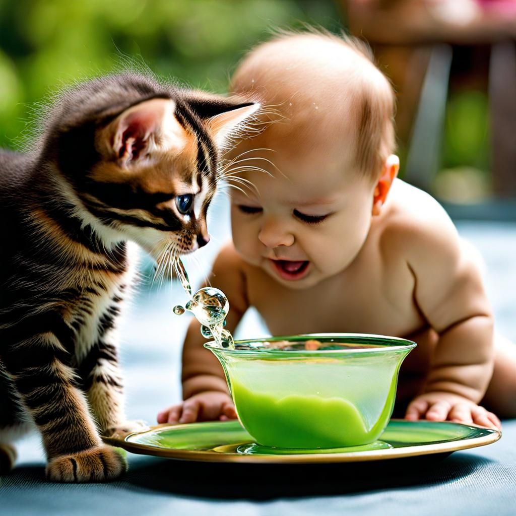 Baby Spitting Water on Kitten: Playful Photograph
