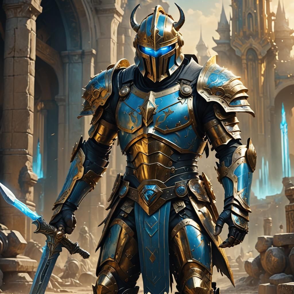 Cyborg Gladiator in Gold Armor with Glowing Sword