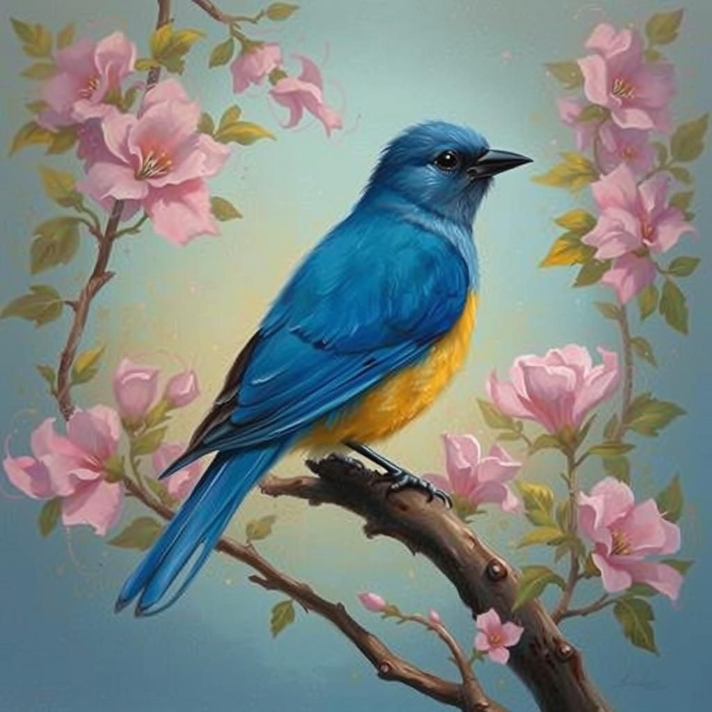 Blue Sparrow in Disney-Inspired Oil Painting