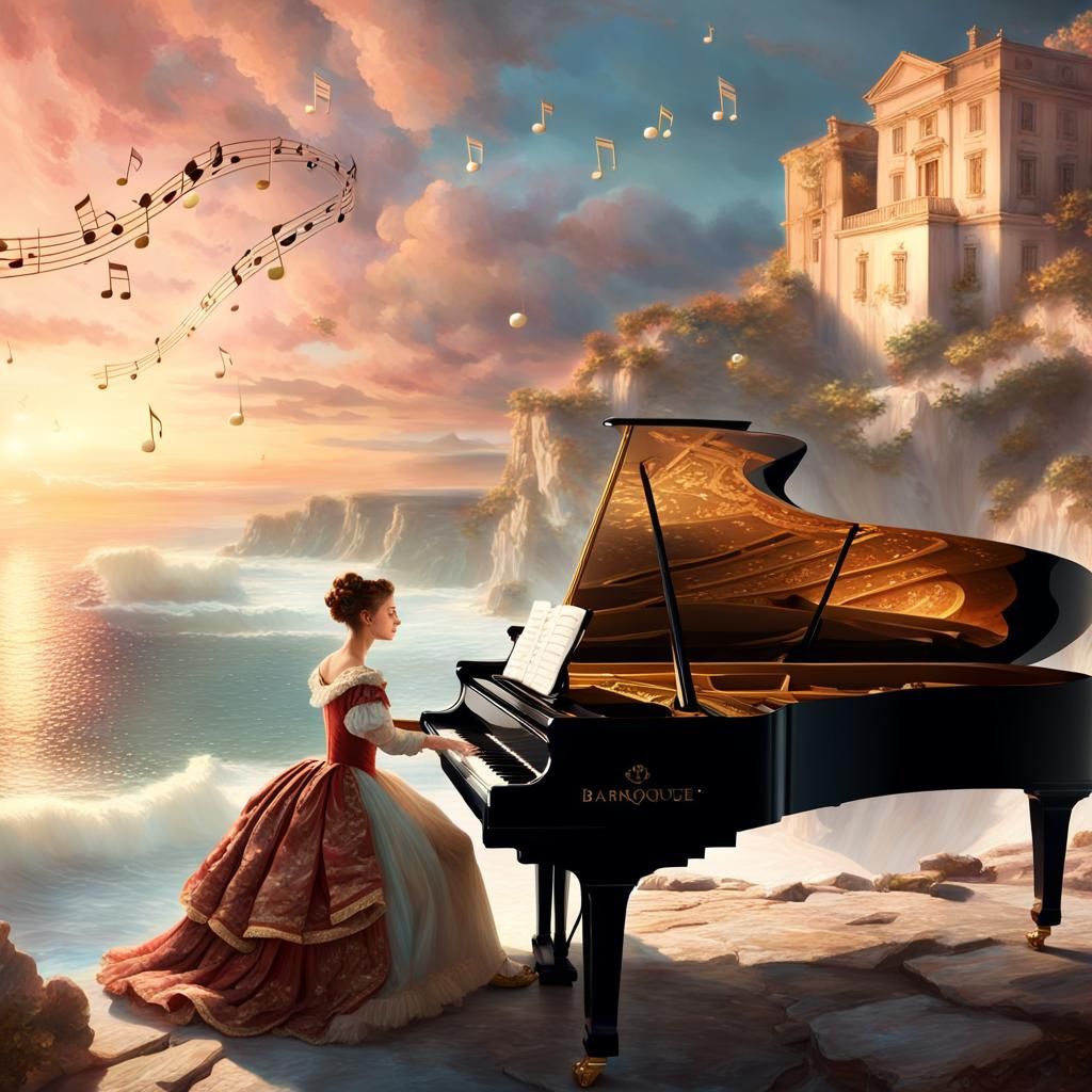 Baroque Man Plays Piano at Sunset