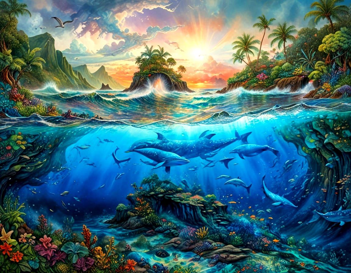 Hawaiian Paradise Above, Whales Below in Maximalist Watercol...